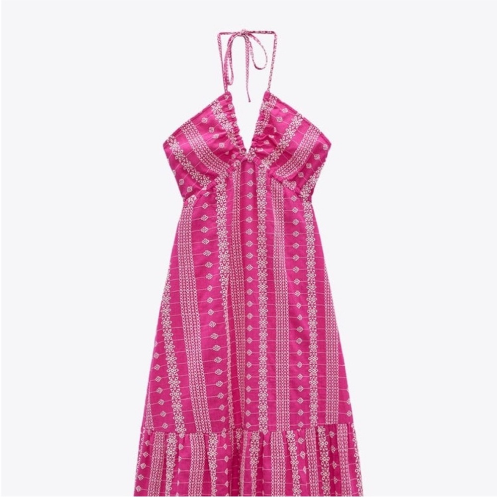 Zara limited edition openwork work embroidered cotton halter midi dress - Picture 8 of 16